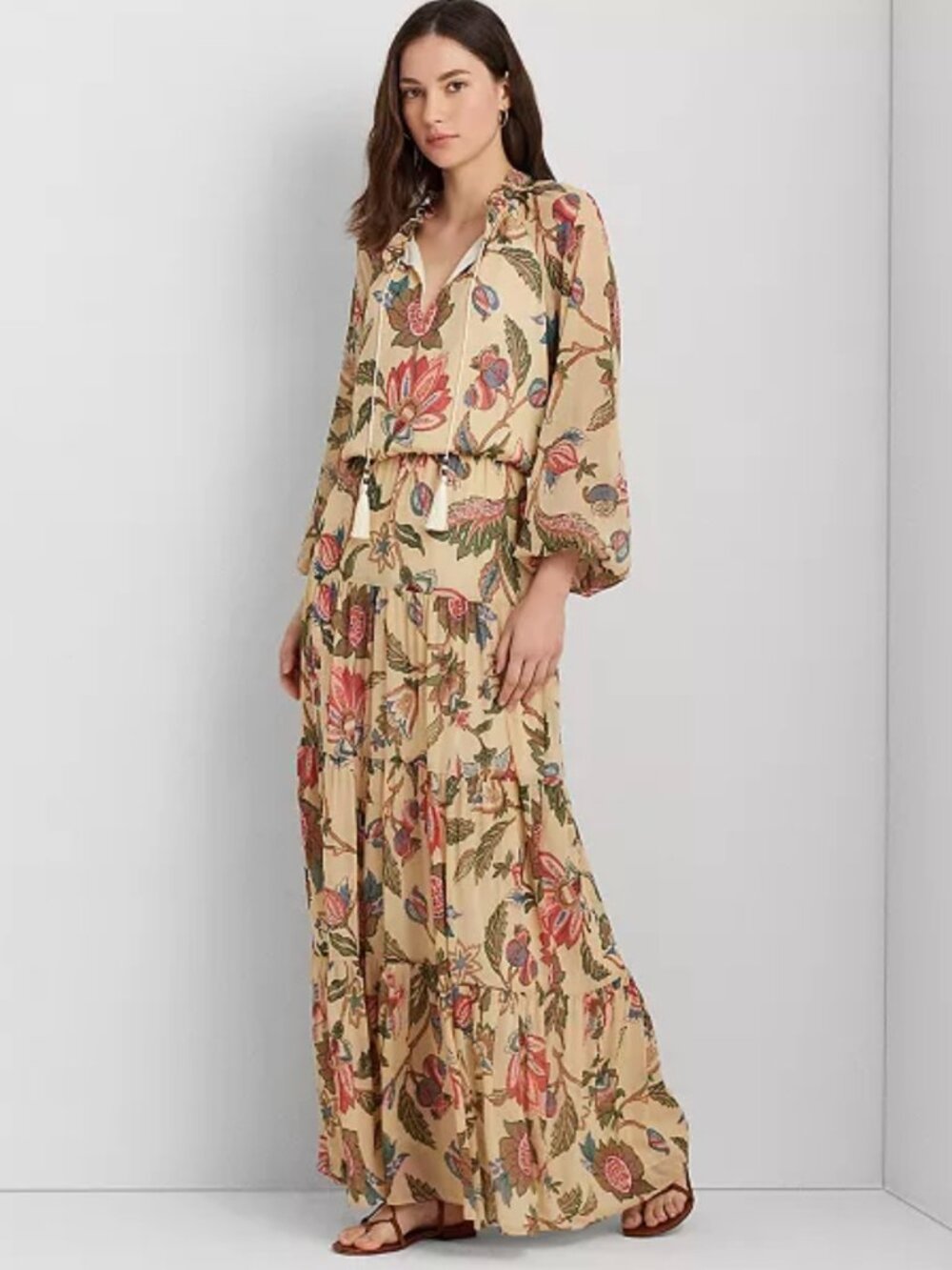 Lauren Ralph Lauren Floral Crinkle Georgette Maxi Dress 00 NWT $245